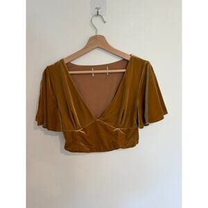 Womens Gold Velvet Crop Top Flutter Sleeve V Neck Cottagecore Boho Romantic